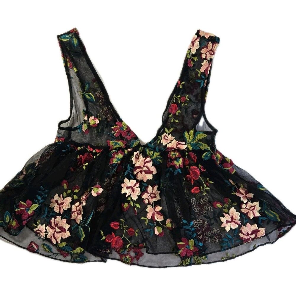 Ecote Black Floral Baby Doll Embroidered Top XS Boho Indie Layering Piece - Picture 11 of 11